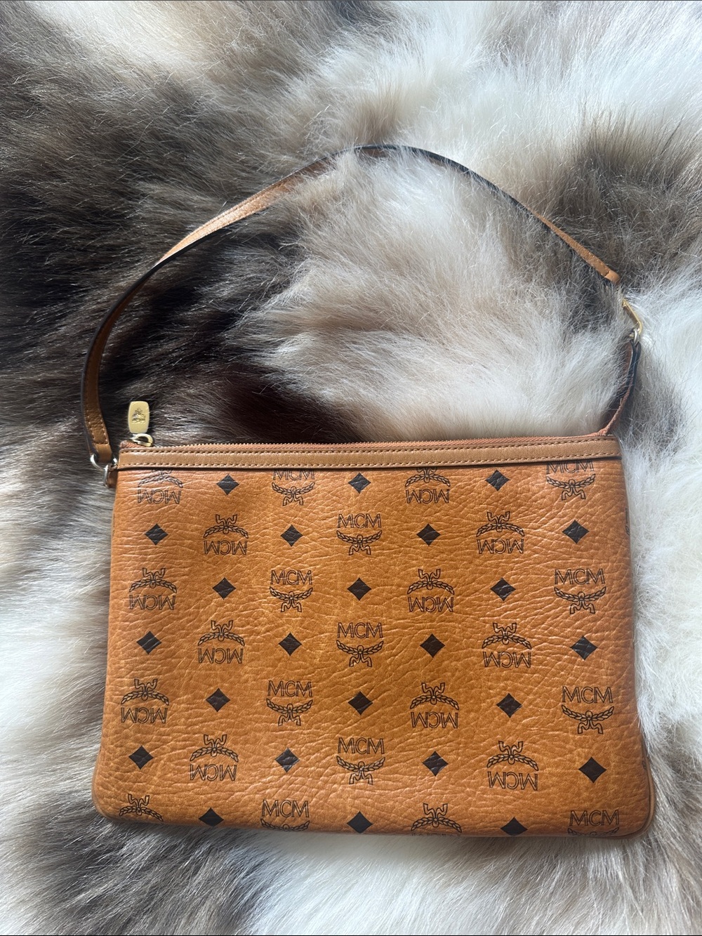Authentic MCM Cognac Monogram Shoulder Pouch